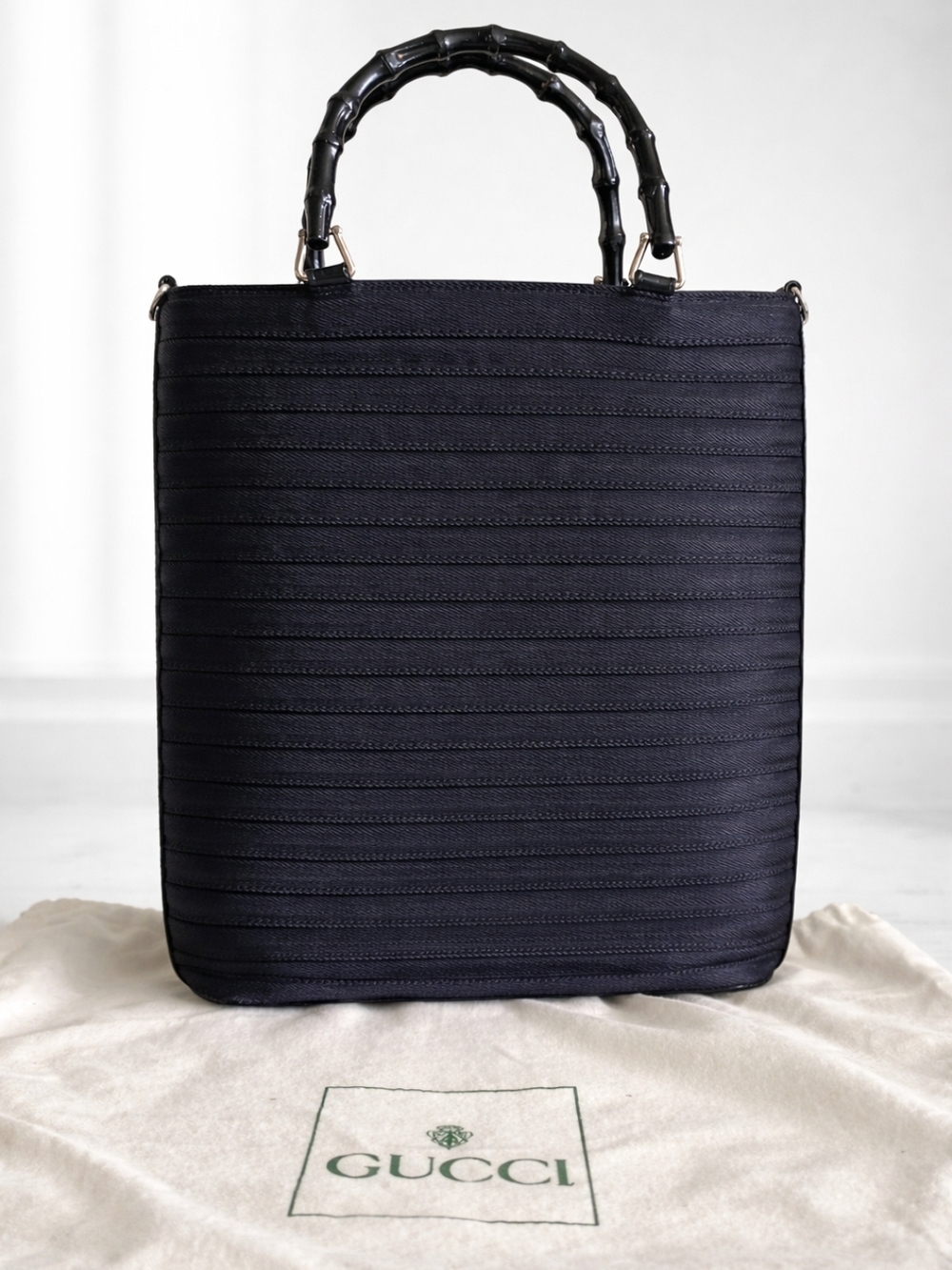 Vintage Gucci Black Structured Quilted Tote w/ Bamboo Handles, Patenr Leather